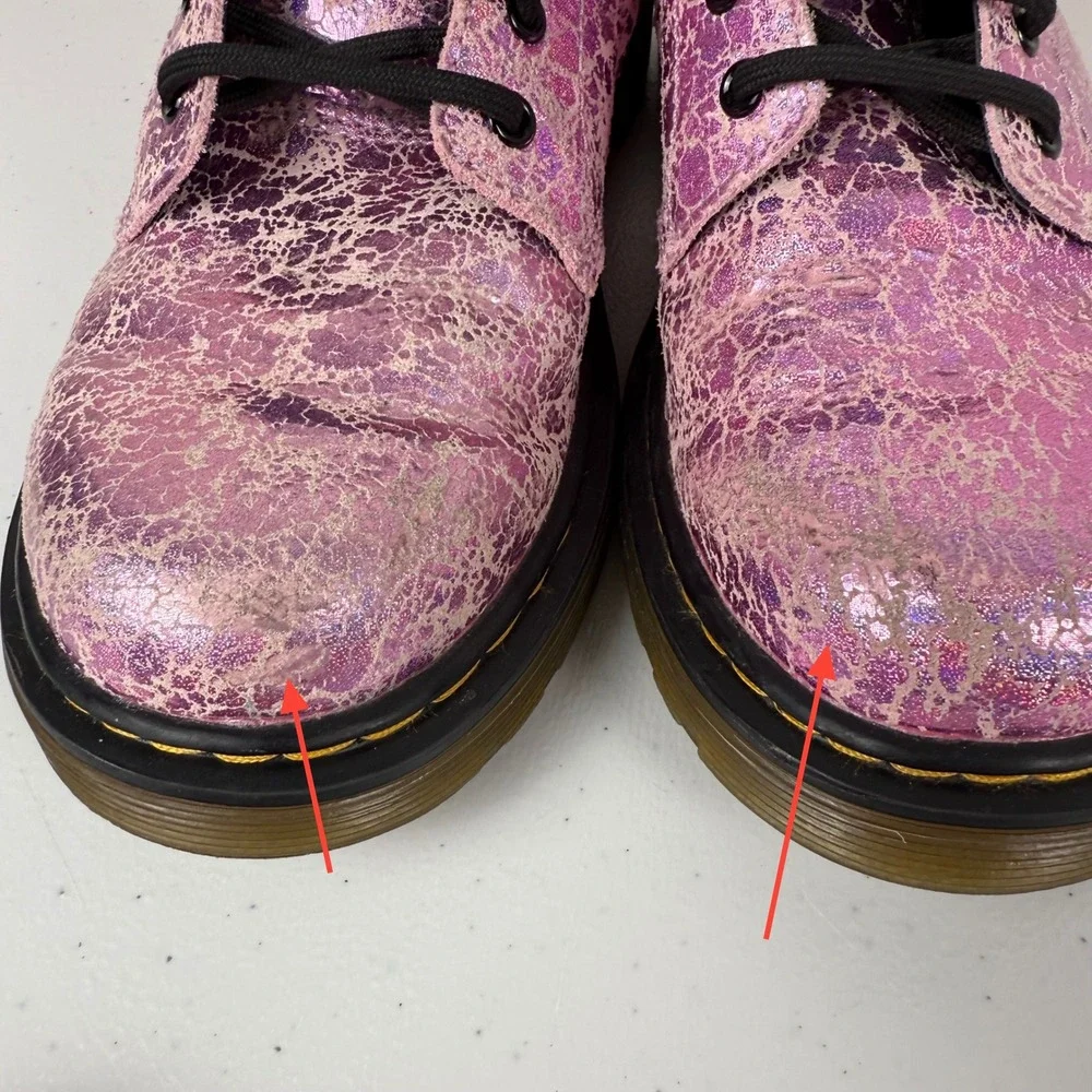 RARE Dr. Martens Boots Pink Shimmer Crackle Leather Lace Up Side Zip Size 3 Kids